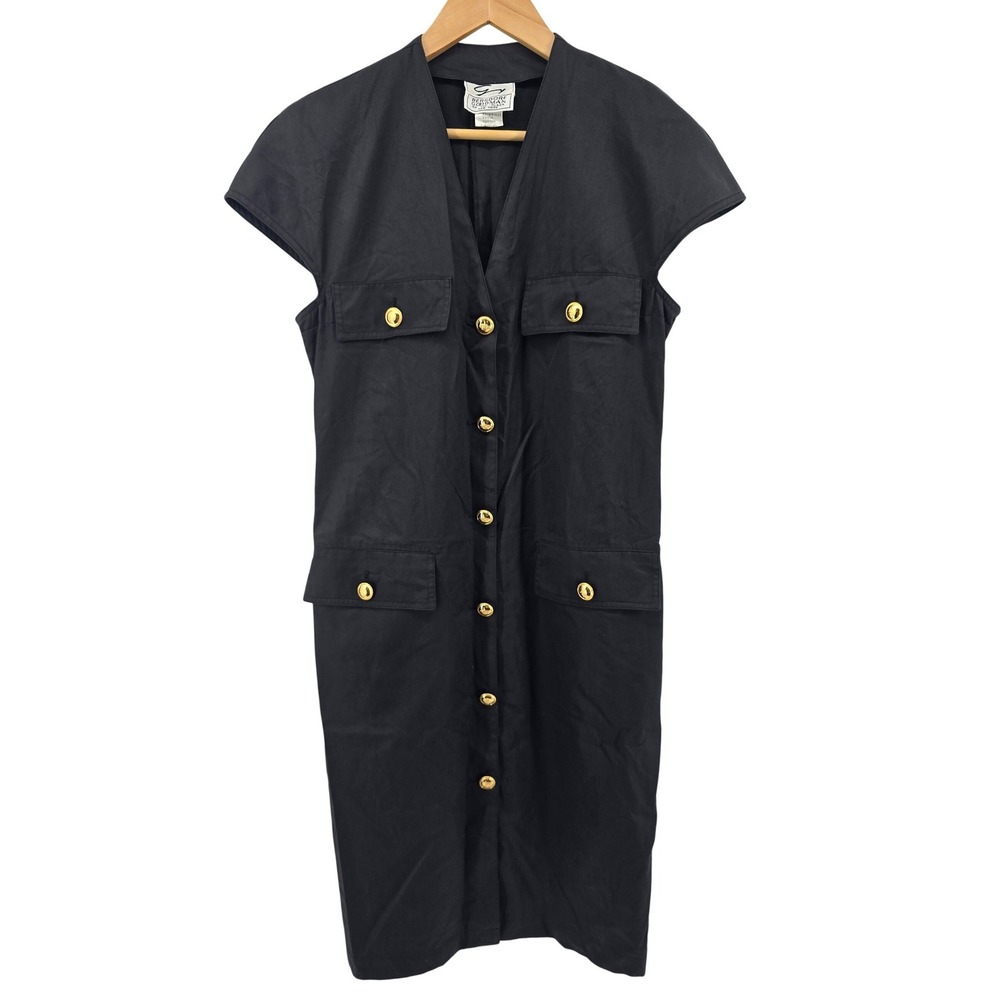 Bergdorf Goodman Dress Womens M Black Safari Gold Crest Button Front Made Italy